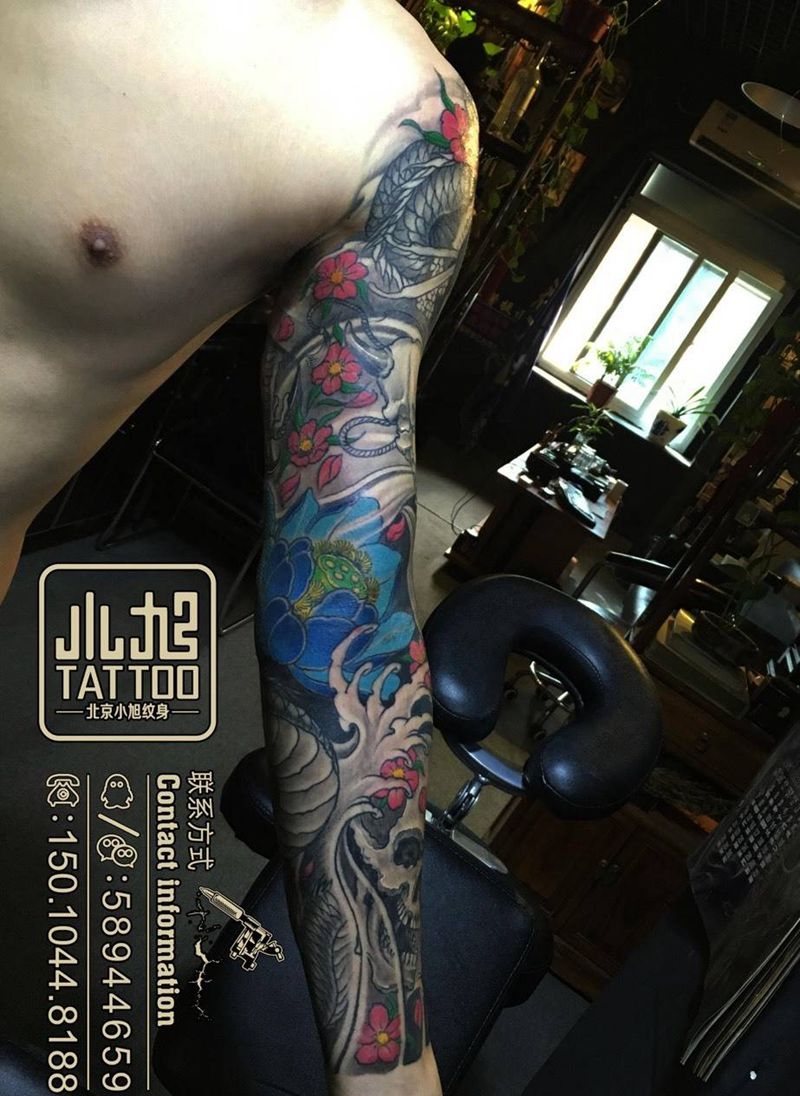 艺妓花臂纹身图片_成品手臂肩部传统人物鬼神植物肖像纹身图案