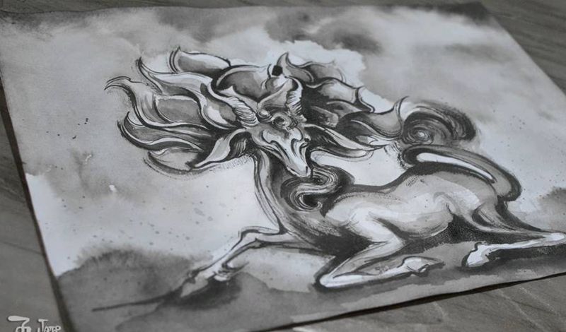 莲花神羊 中国风水墨手稿纹身图片_水墨新传统纹身图案