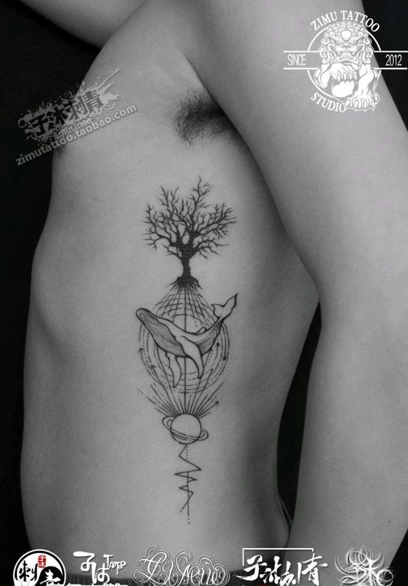 侧腰 线条 树 鲸鱼 星球 生纹身图片_几何纹身图案