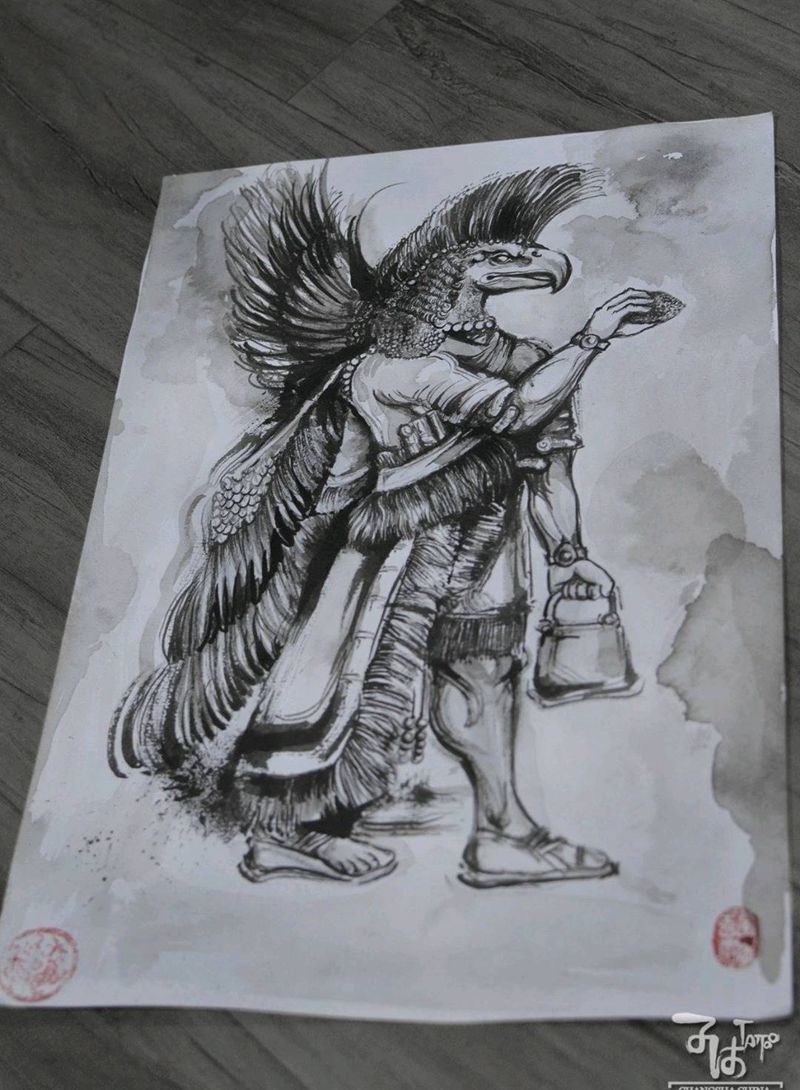 苏美尔神话人类始祖，阿努纳奇纹身图片_水墨水彩纹身图案
