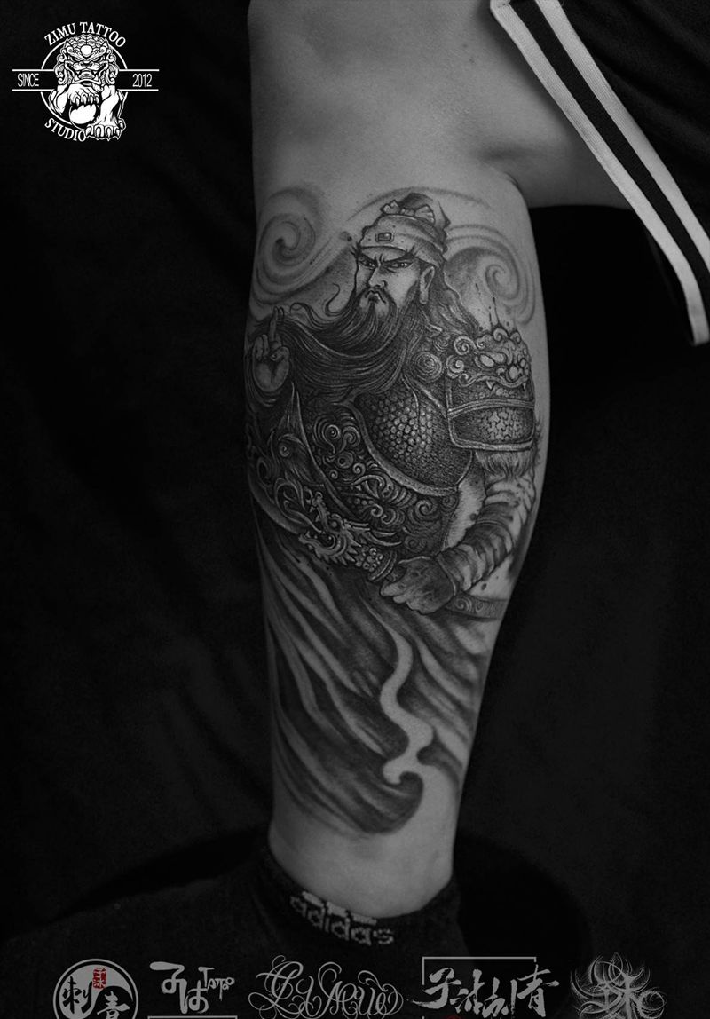 多年前我的泼墨手稿关羽关公小腿纹身图片_新传统水墨纹身图案