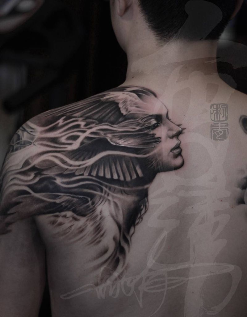 天使纹身图片_成品背部欧美写实人物纹身图案