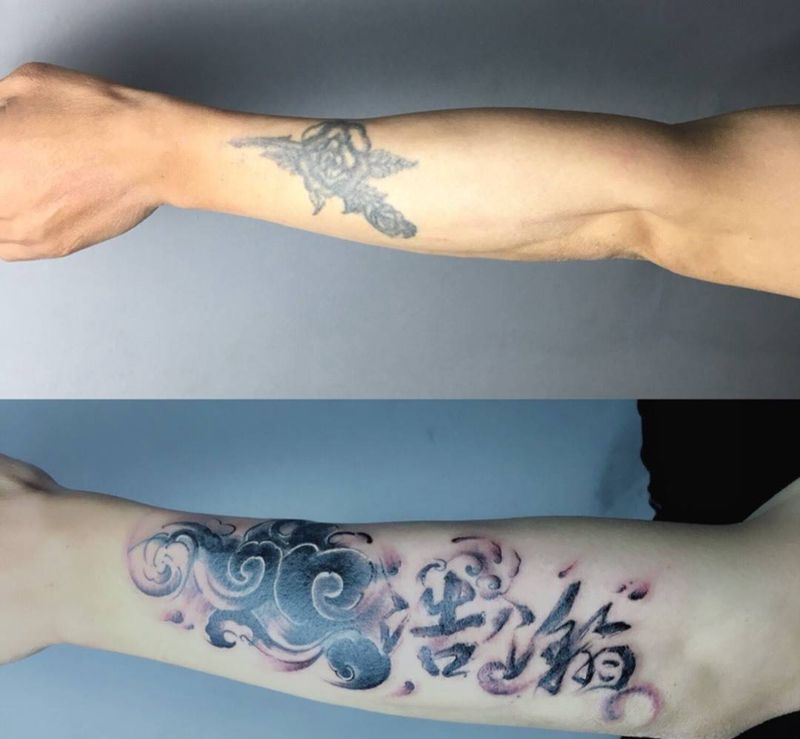 遮盖纹身图片_成品手臂国画字符荆州唯刺青原创手稿纹身图案
