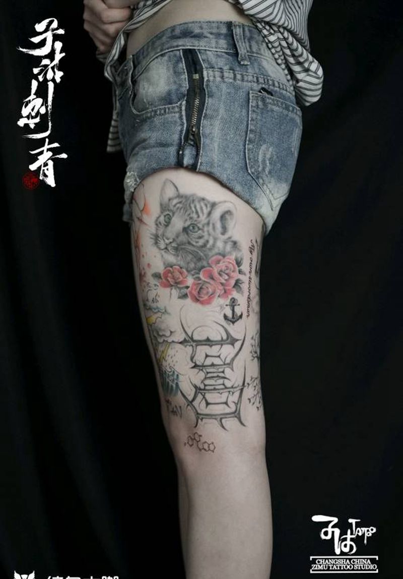 拼贴小图纹身图片_腿部欧美写实花体字纹身图案