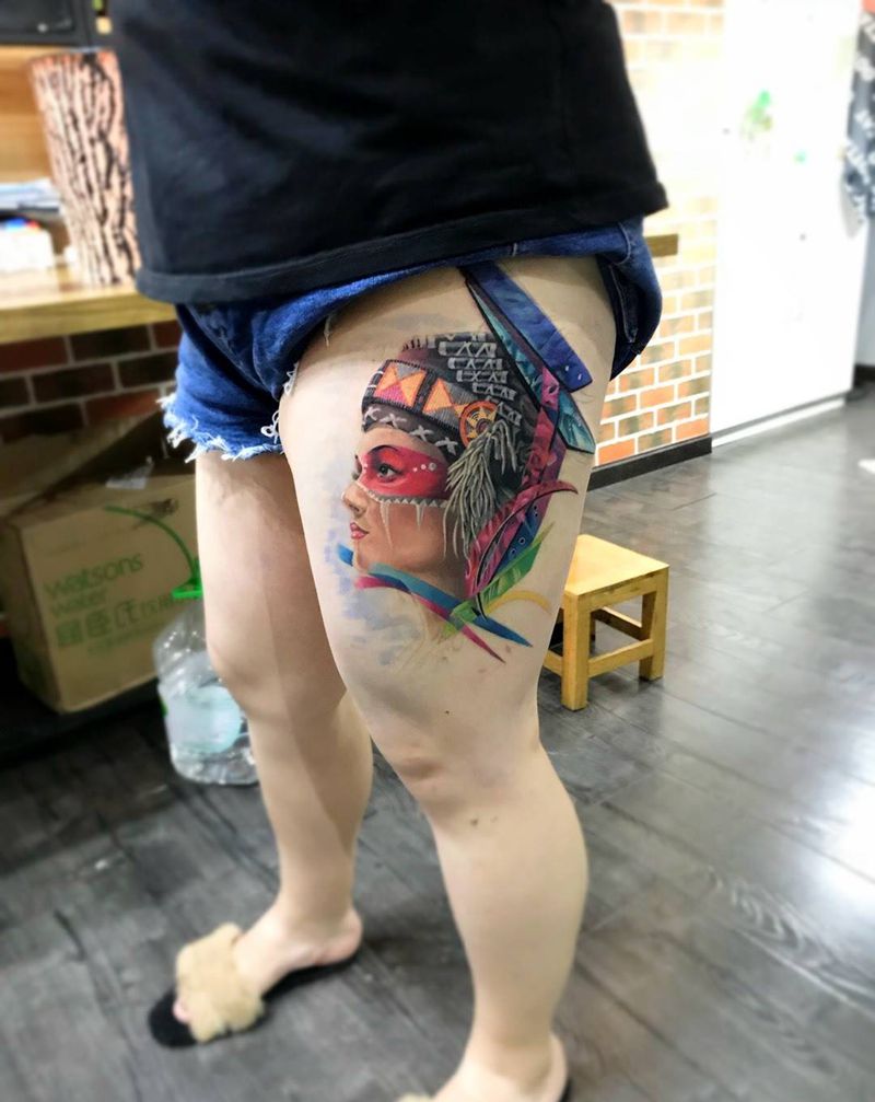 守望者纹身图片_腿部欧美写实纹身图案