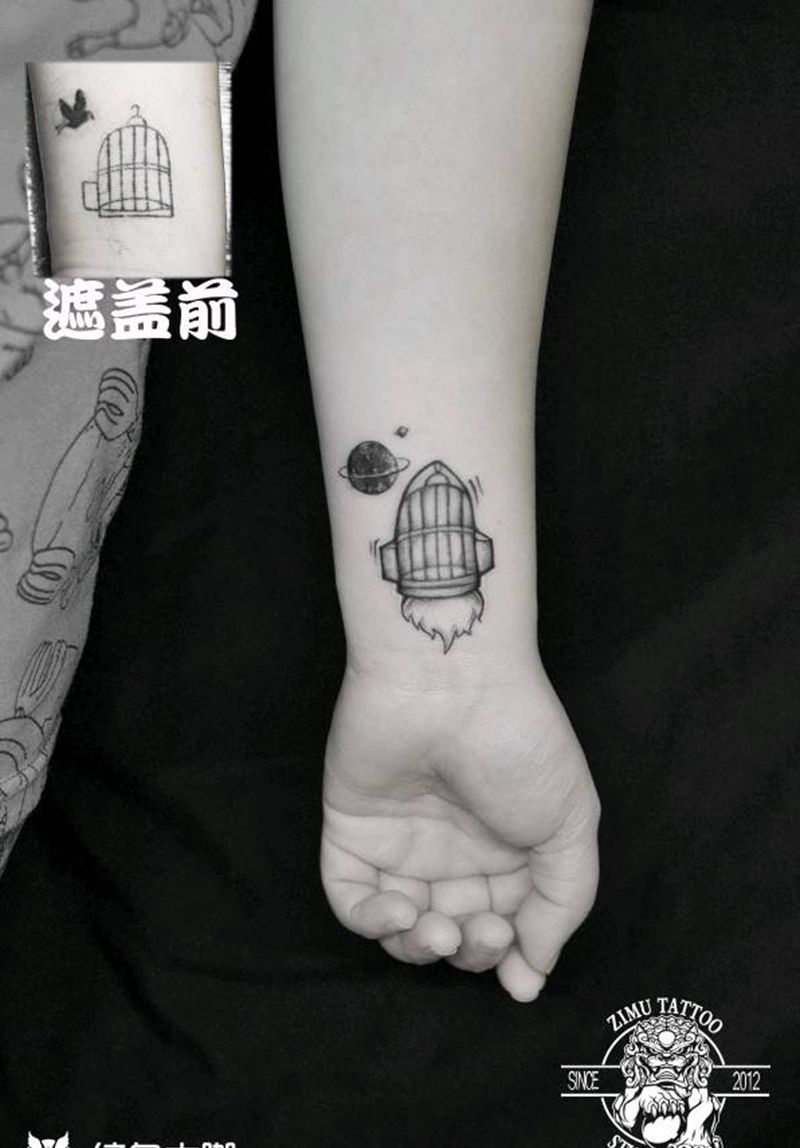 遮盖修改火箭星球卡通线条纹身图片_几何纹身图案