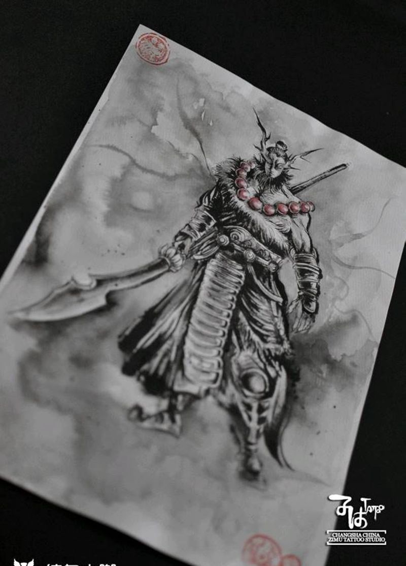 龙王护法 泼墨手稿©长沙子沐纹身图片_新传统水墨纹身图案