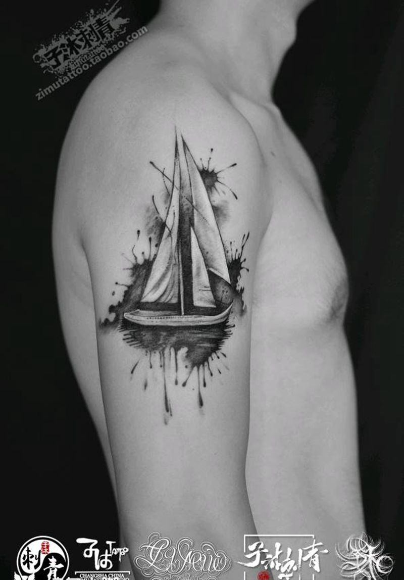 泼墨帆船大海抽象中国风纹身图片_水墨新传统纹身图案