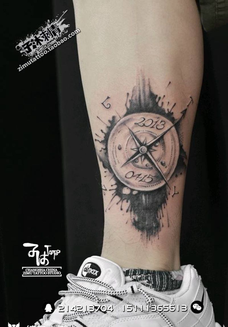 遮盖耗时2.2  泼墨指南针纹身图片_成品纹身图案