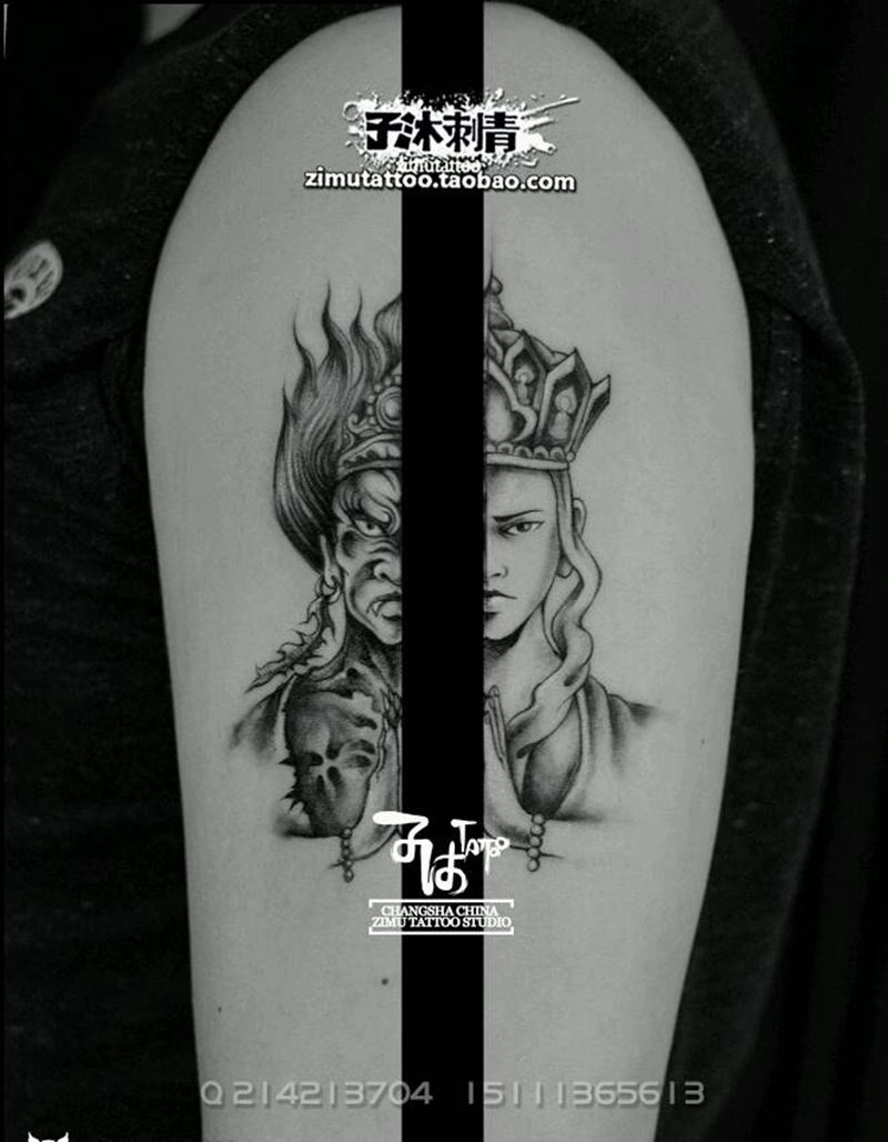 耗时2.6 佛魔是一心,一念悟纹身图片_手臂传统肖像清新鬼神宗教原创成品纹身图案