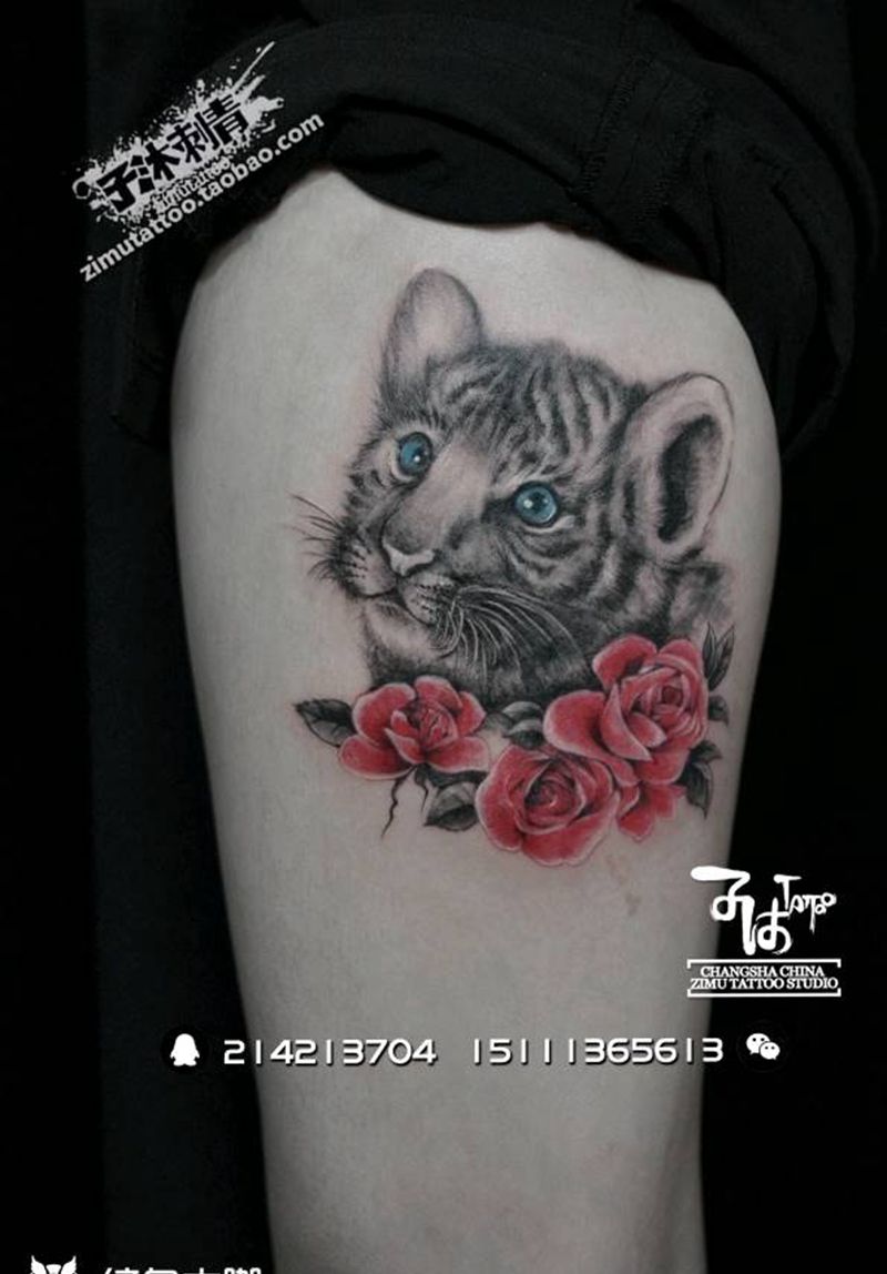 耗时3.9  腿有萌虎嗅蔷薇纹身图片_成品纹身图案