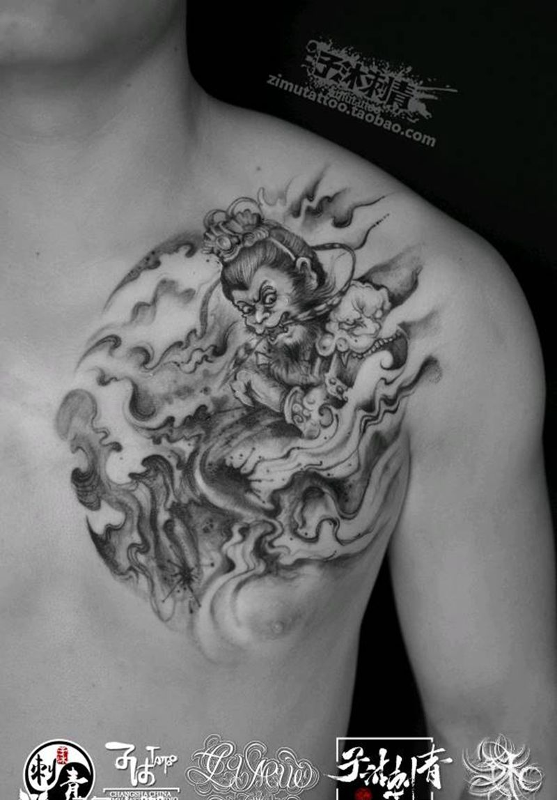 齐天大圣孙悟空泼墨遮盖纹身图片_水墨纹身图案