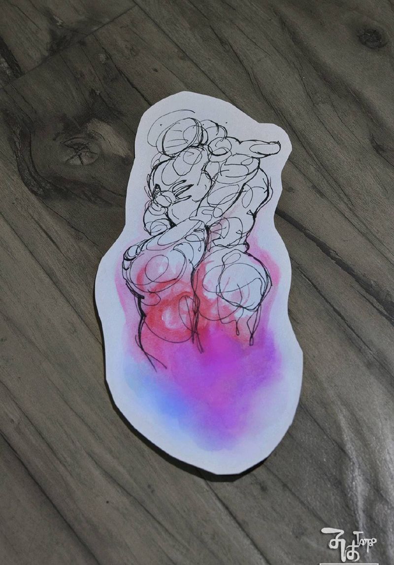 拥抱情侣手稿水彩纹身图片_几何水彩纹身图案