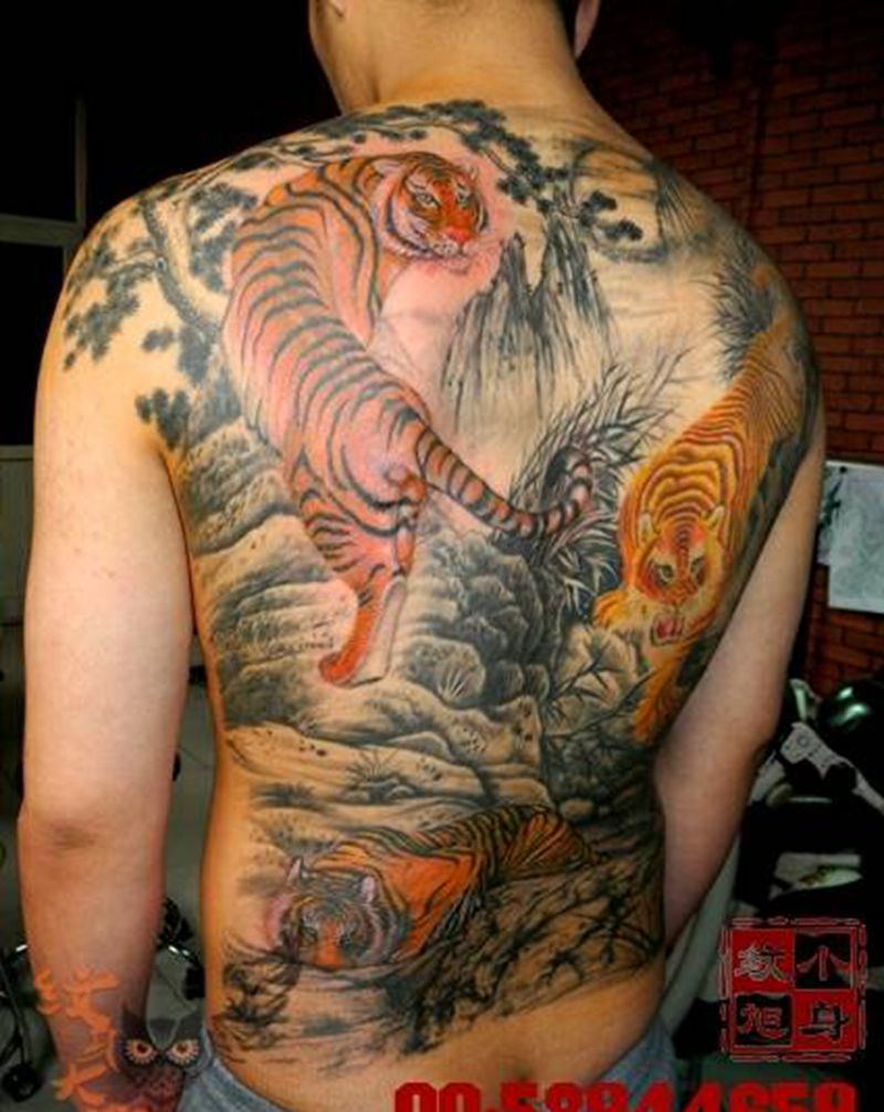 北京小旭纹身~三虎...纹身图片_传统国画背部动物纹身图案