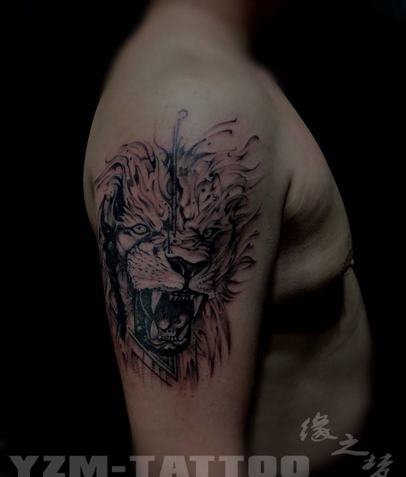 雄狮纹身图片_手臂成品原创动物欧美纹身图案