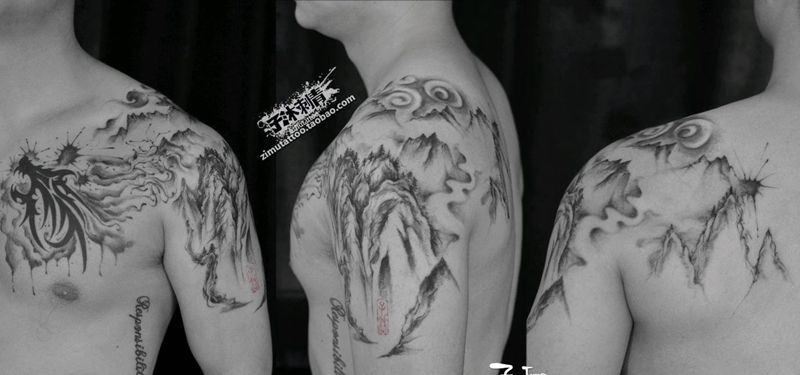 耗时不详 半甲水墨山水纹身图片