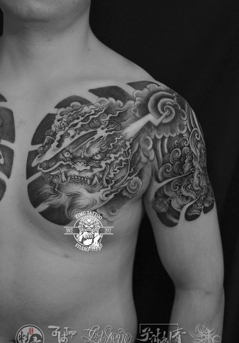 半甲胸口麒麟唐狮新传统纹身图片_手臂胸部新传统老传统纹身图案