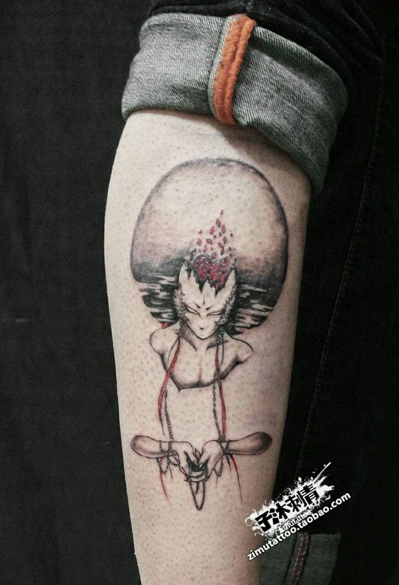 涅槃纹身图片_腿部欧美传统肖像写实国画人物宗教原创成品纹身图案