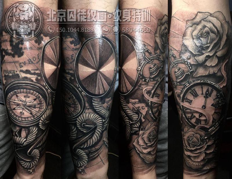 欧美风花臂纹身图片_手臂欧美写实针表玫瑰帆船纹身图案