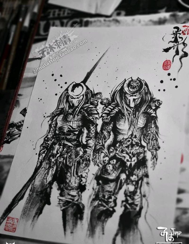 毛笔水墨涂鸦 铁血战士纹身图片_手稿插画纹身图案