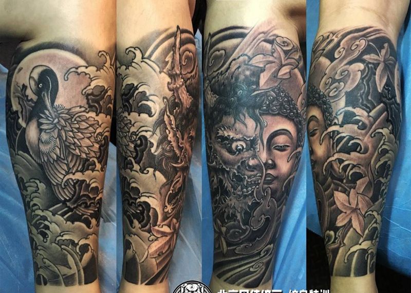 一念之间纹身图片_成品腿部脚部传统国画人物鬼神动物植物纹身图案