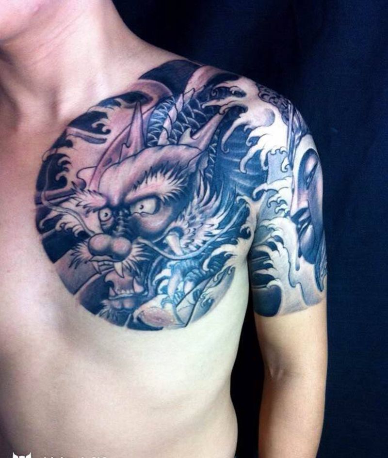 龙,观音。半甲纹身图片