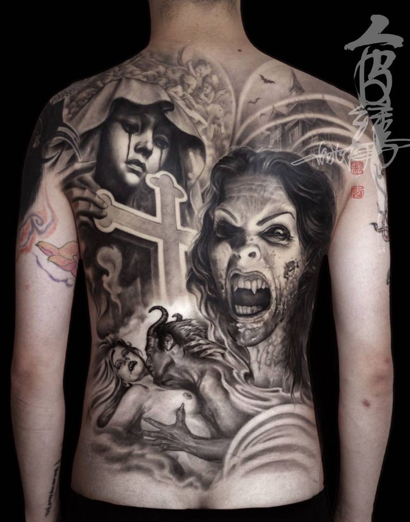 光明与黑暗纹身图片_背部欧美写实人物鬼神纹身图案