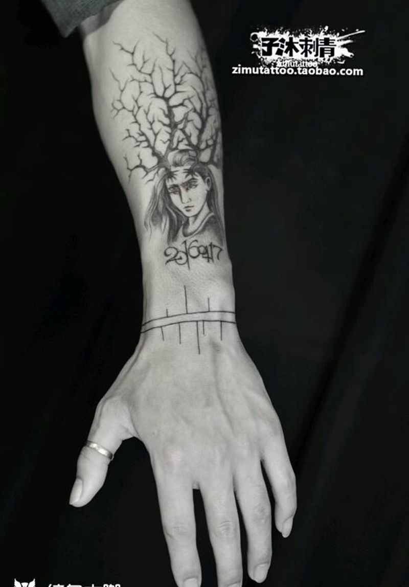 梦幻树纹身图片_手臂欧美肖像清新人物鬼神成品纹身图案