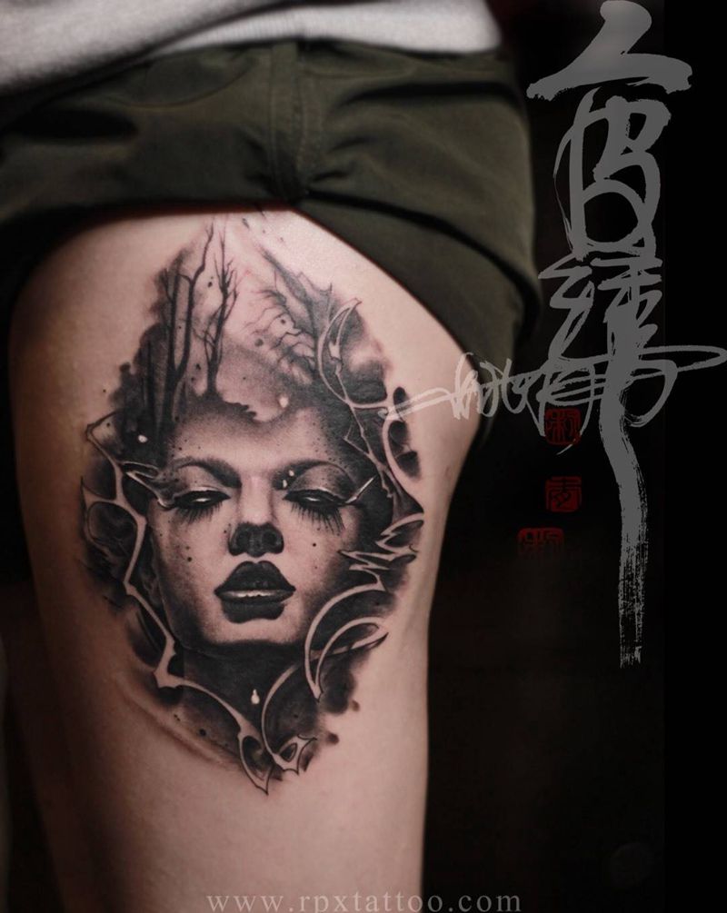 欧美头像纹身图片_腿部欧美肖像写实人物纹身图案