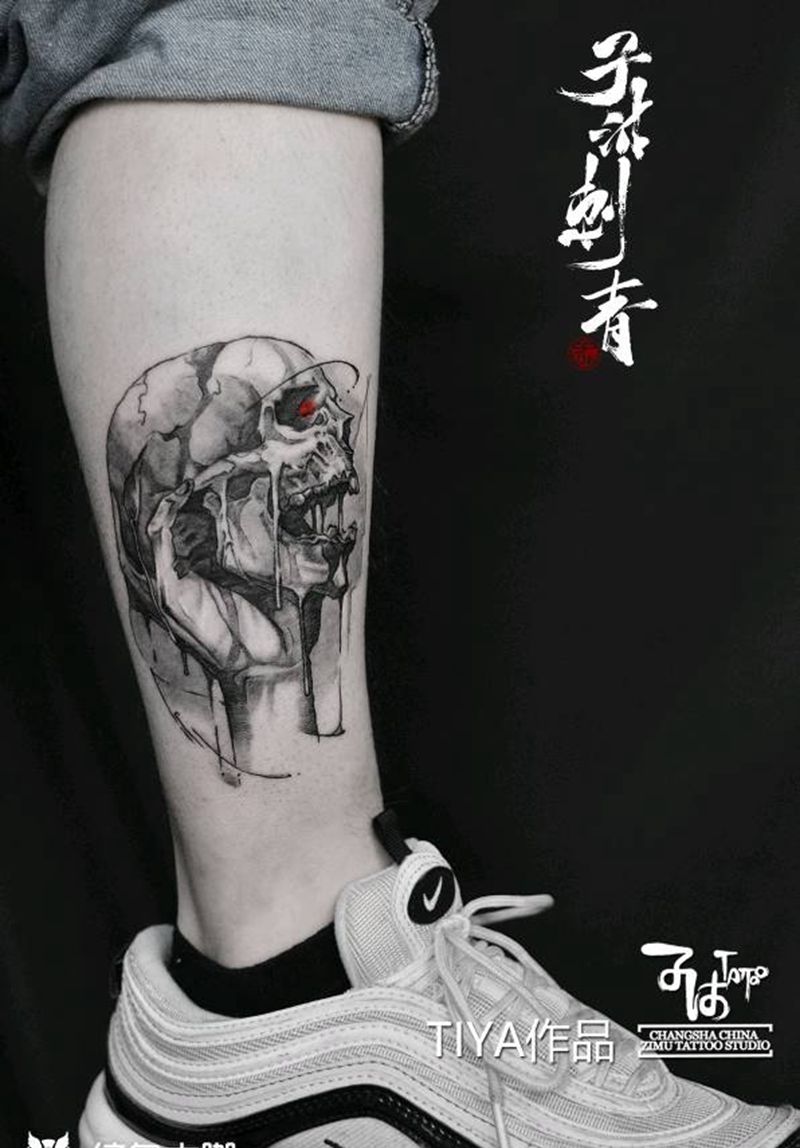 骷髅小腿纹身图片_腿部纹身图案