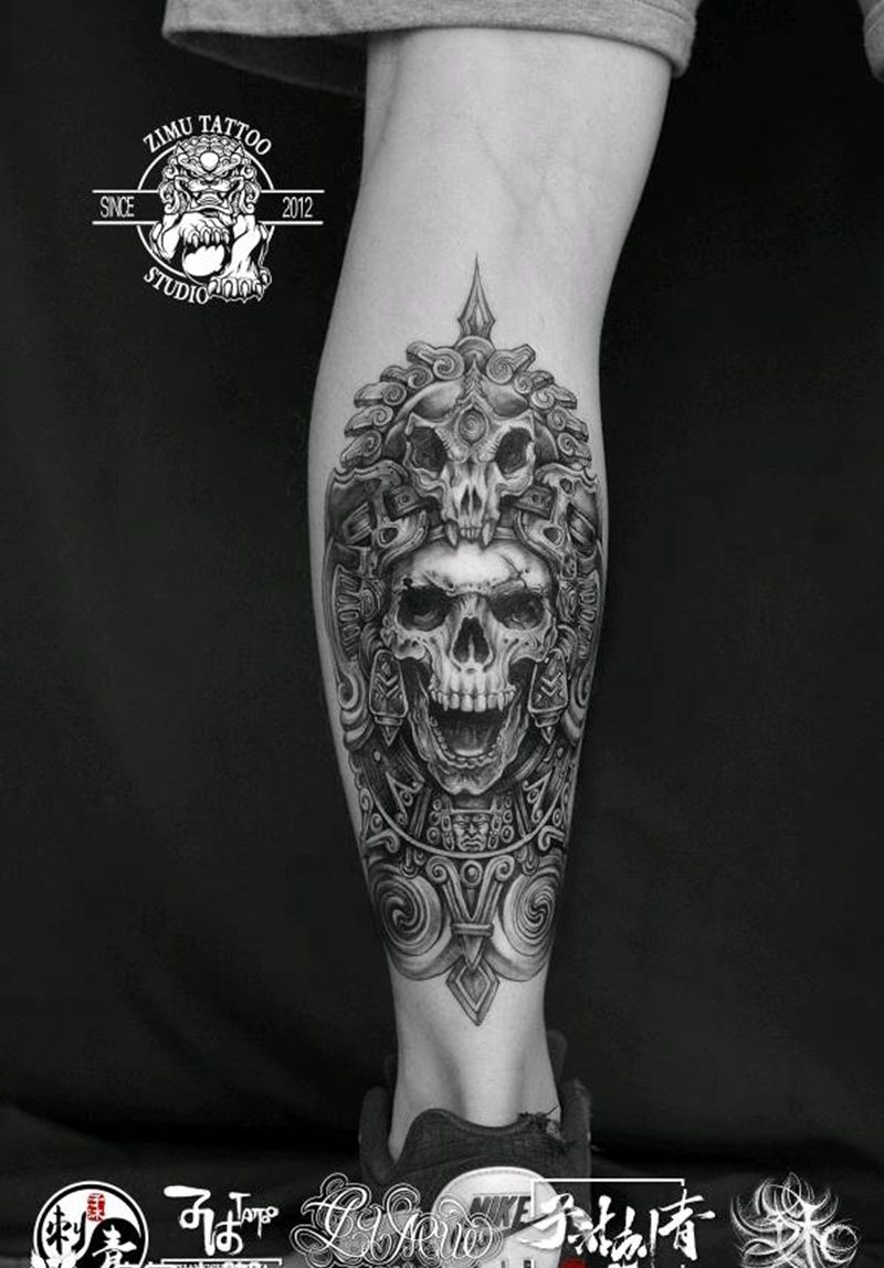 《骷髅大祭司》暗黑邪恶纹身图片_腿部欧美写实新传统纹身图案