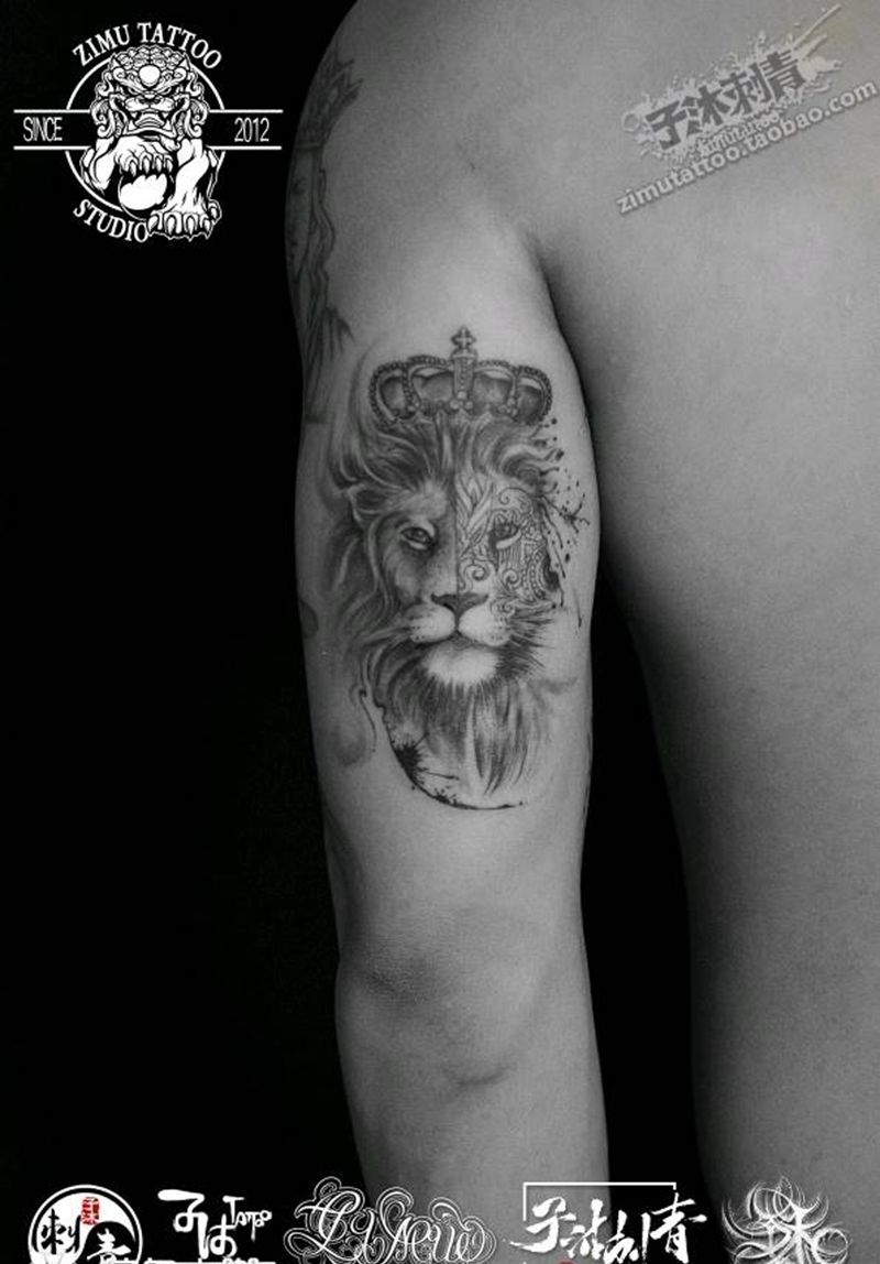 皇冠狮子泼墨纹身图片_水墨几何纹身图案