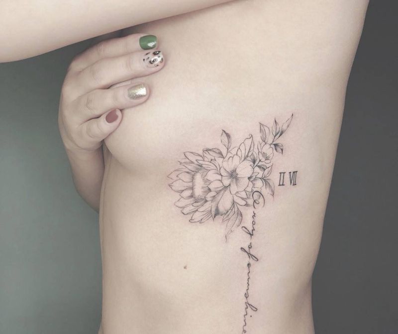 向日葵纹身图片_腰部素花纹身图案