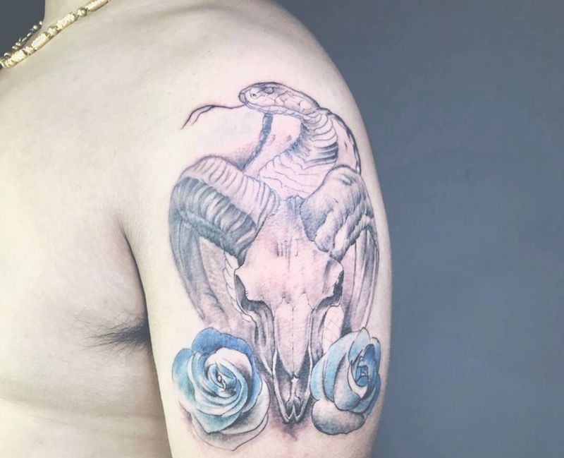 生肖.蛇羊.纹身图片_成品手臂欧美动物原创荆州唯刺青纹身图案