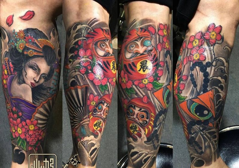 包小腿纹身图片_成品腿部传统人物动物鬼神植物纹身图案