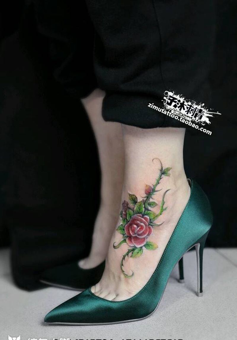 自律不怠 自强不息纹身图片_脚部欧美传统植物原创成品纹身图案