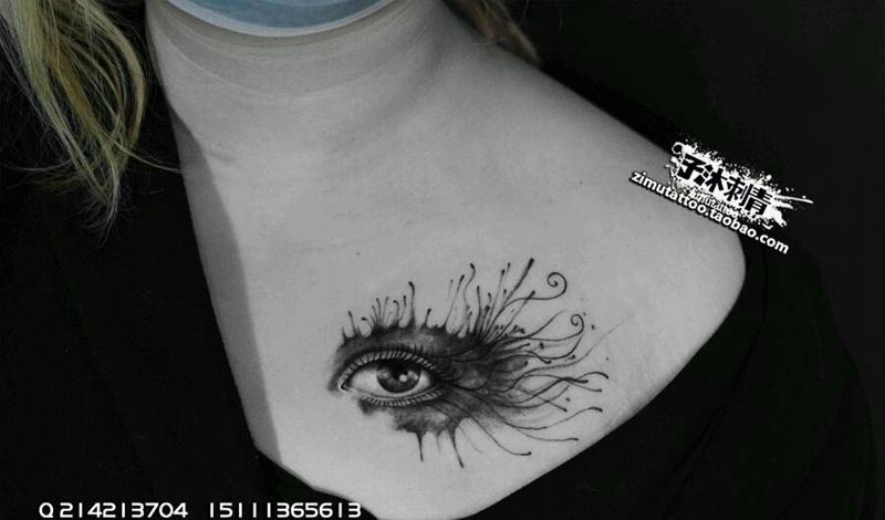 左眼！！泼墨纹身图片_胸部欧美清新写实国画人物原创泼墨成品纹身图案