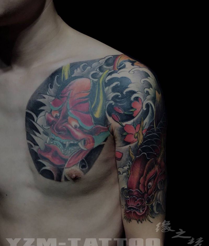 般若，鲤鱼。半胛纹身图片_胸部传统手臂成品人物动物原创纹身图案