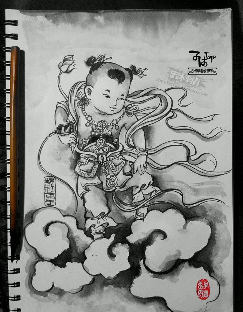 黥刺童子 神仙图纹身图片_手稿插画纹身图案