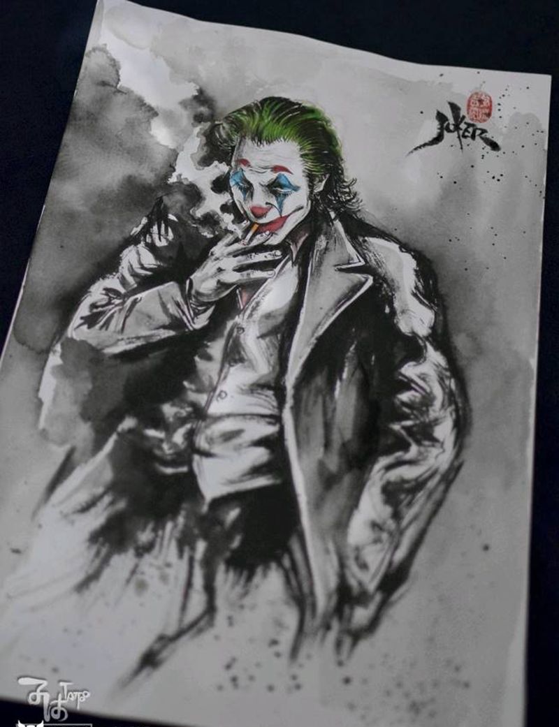 小丑泼墨水墨手稿中国风纹身图片_水墨新传统纹身图案