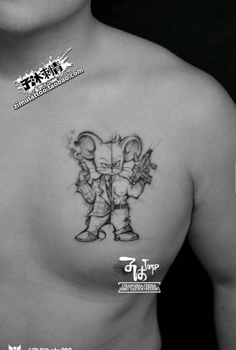 胸口纹身 ©老鼠纹身图片_胸部新传统纹身图案