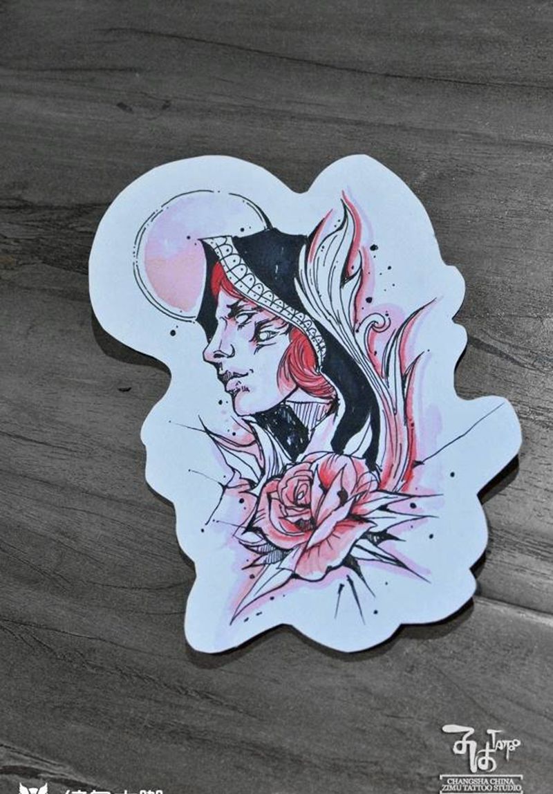 眼睛法师玫瑰手稿速写小图纹身图片_New School几何纹身图案