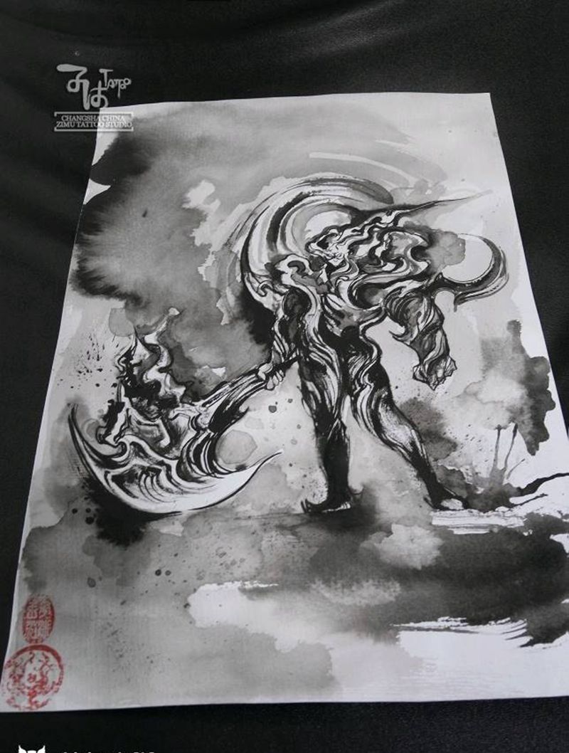 典韦五岳岱宗王者荣耀泼墨中国风纹身图片_水彩水墨纹身图案