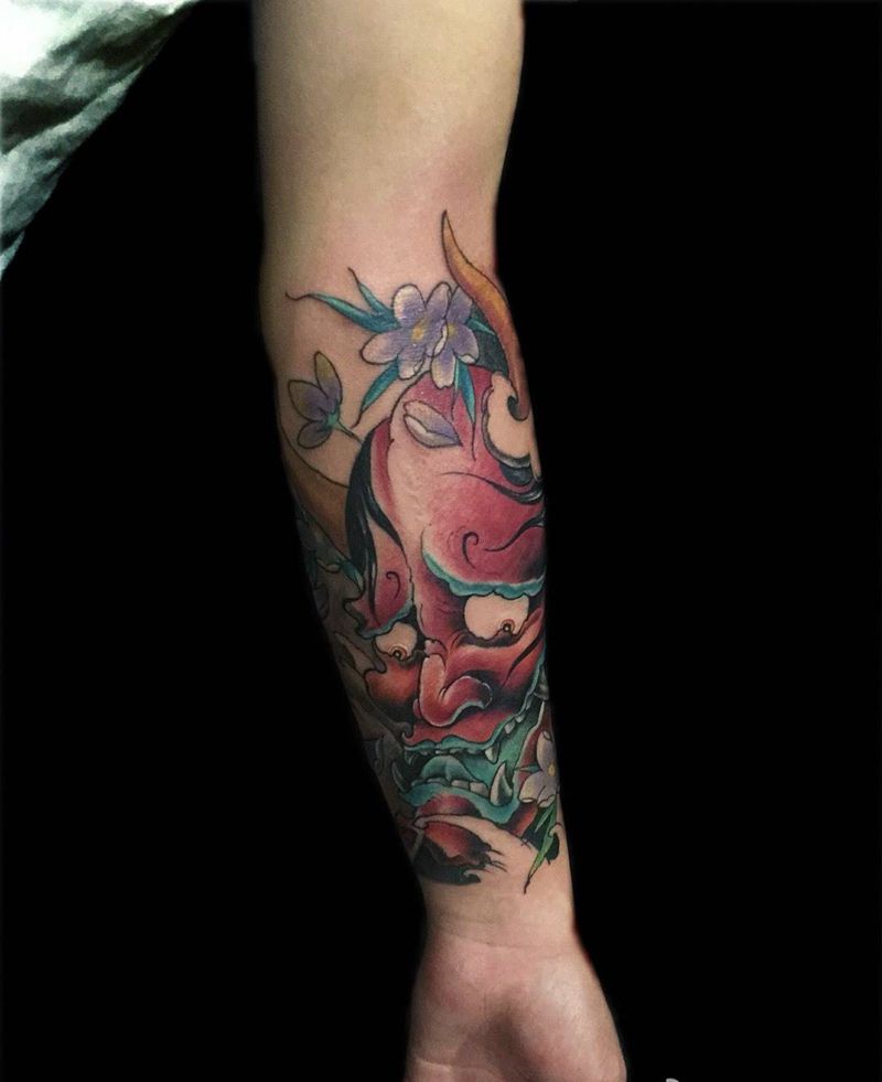 小臂单侧般若纹身图片_手臂成品传统鬼神纹身图案