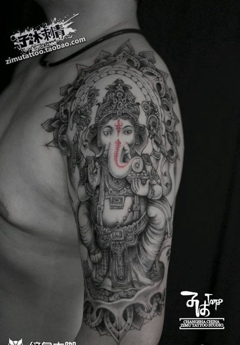 红财神共耗时14  象神纹身图片_手臂欧美写实New School纹身图案