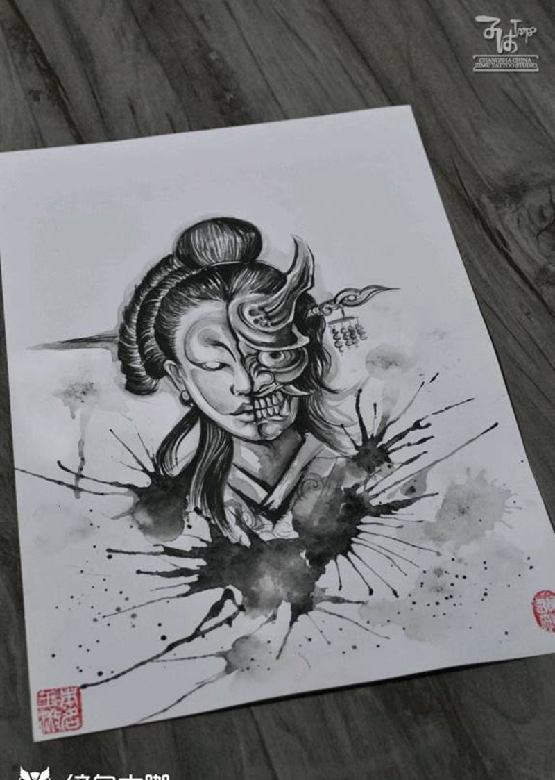 怨*念我的泼墨手稿般若艺妓纹身图片_水墨纹身图案