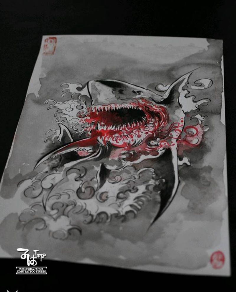 血腥暴力大浪鲨  我的泼墨手稿纹身图片_新传统水墨纹身图案
