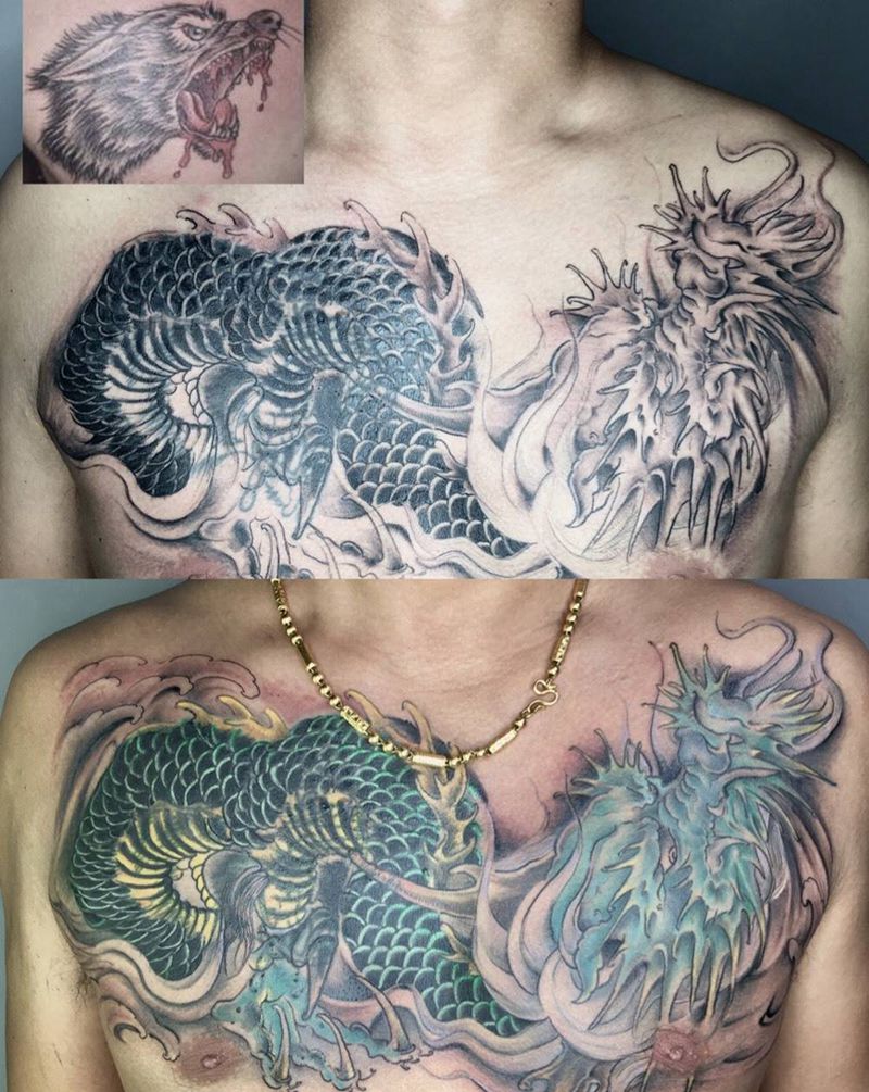 遮盖纹身图片_胸部新传统龙纹身图案