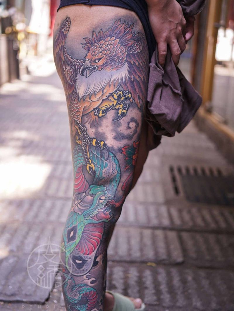 花腿纹身图片_腿部新传统纹身图案