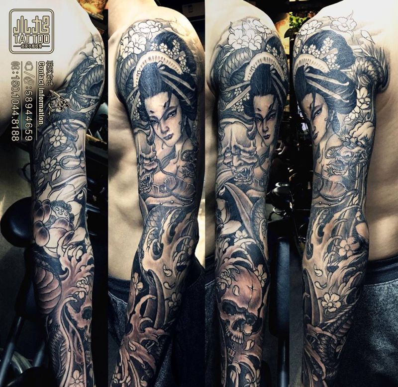 花臂，包腿，满背纹身图片_成品背部手臂腿部传统写实肖像欧美人物植物纹身图案